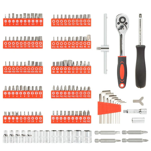 132 Piece Home And Auto Repair Tool Set With Sturdy Toolbox Case Driver Handle Socket Wrench Hex Keys And Screwdriver Bits layout