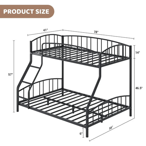 Rock Solid Twin Over Full Bunk Bed With Secure Ladder And Safety Railings For Kids And Adults dimensions displayed with measurements.