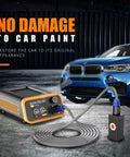 Gnarly Paintless Dent Repair Kit Knocks Out Door Dings And Hail Damage Fast With Gloves Included Quick Fix For Car Bodywork No Paint Damage DIY Auto Body Repair Must Have Gear with electromagnetic device and blue car.