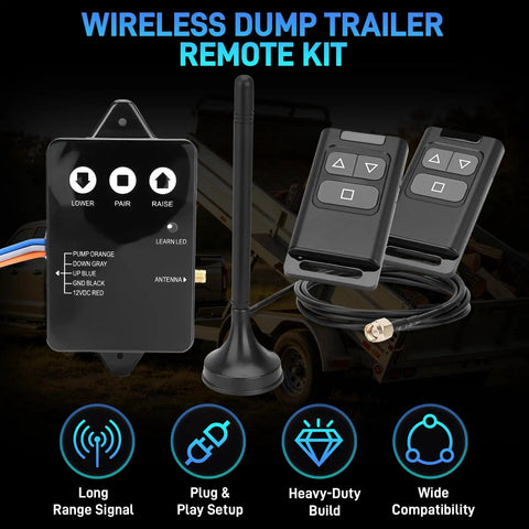 Beefed Up Long Range Wireless Dump Trailer Remote Control Kit For 12V Hydraulic System with antenna and controller on display