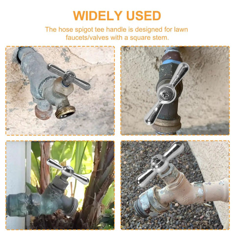 Broach Sillcock Tee Hose Bibb Replacement Handle Set 2 Pack for Outdoor Faucets shown on various outdoor spigots.