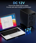 Smooth Operator Six Bay Aluminum Hard Drive Enclosure With Smart Cooling Fan Usb 3.2 Gen 2 Type A C For Straightforward Hot Swap Sata Hdd Ssd Data Vault Box connected to a laptop with 12V power supply.