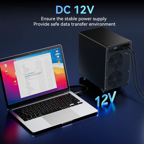 Smooth Operator Six Bay Aluminum Hard Drive Enclosure With Smart Cooling Fan Usb 3.2 Gen 2 Type A C For Straightforward Hot Swap Sata Hdd Ssd Data Vault Box connected to a laptop with 12V power supply.