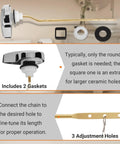 All In One 3 Inch Flush Valve Repair Kit For Most One Piece Toilets With Universal Fit Includes Drain Valve G One Half Inch Adjustable Fill Valve Flush Handle Lever And Gasket showing handle lever and gaskets with adjustment holes