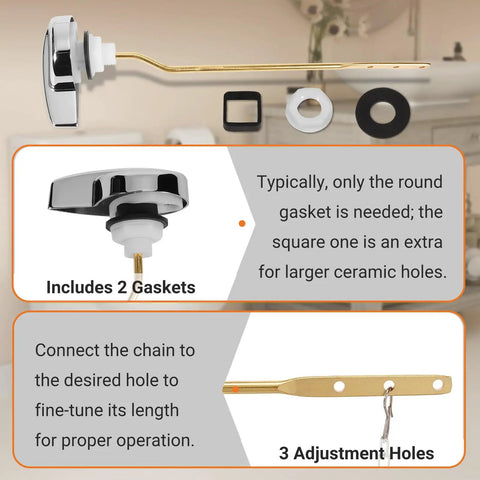 All In One 3 Inch Flush Valve Repair Kit For Most One Piece Toilets With Universal Fit Includes Drain Valve G One Half Inch Adjustable Fill Valve Flush Handle Lever And Gasket showing handle lever and gaskets with adjustment holes