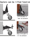 Functionality of Heavy Duty Pedal Casters for lifting and lowering workbenches with foot pedal mechanism.