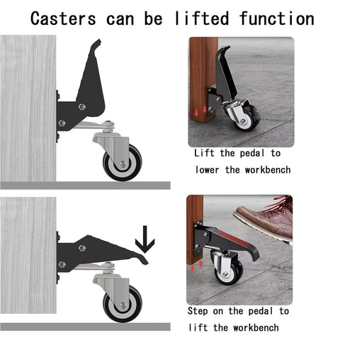 Functionality of Heavy Duty Pedal Casters for lifting and lowering workbenches with foot pedal mechanism.