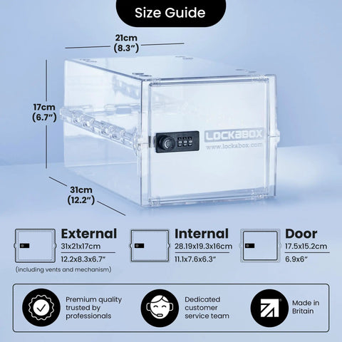 Premium Lock Box With Three-Digit Combination For Food, Meds And Home Safety, built of shatter-resistant polycarbonate, shown with dimensions.