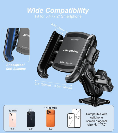 Anti Vibration Phone Mount With Vibration Dampener And 1s Lock Release showing adjustable arms and AMPS base for 5.4-7.2 inch phones