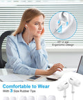 Woman using Type C Wired Earbuds With Mic and Remote For iPhone And Android, Noise Cancelling USB C Headphones shown with 3 size tips