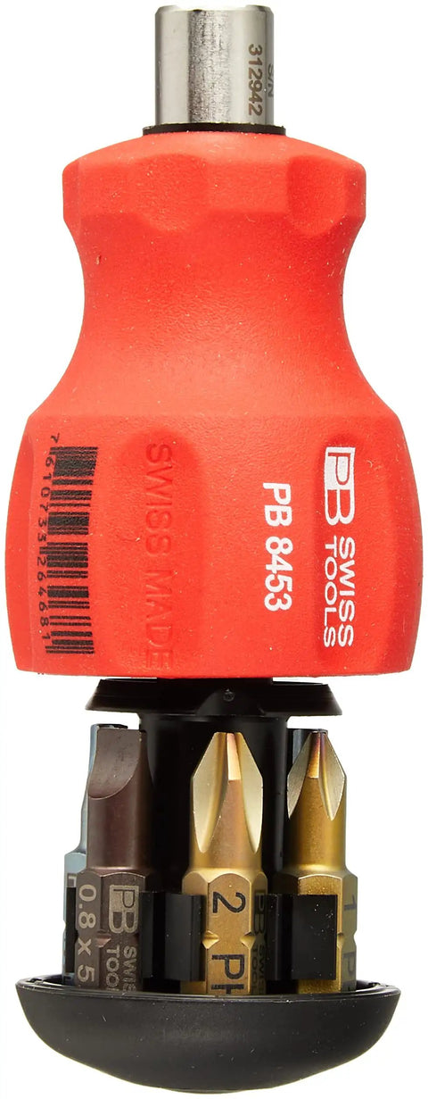 Stubby Multi Bit Screwdriver Set With Magnetic Bit Holder And Integrated Bit Magazine Slotted Flat 3 Phillips 1 2 Torx T15 T20 T25 Grippy Ergonomic Grooved Handle For Wet Or Oily Surfaces, shown with included bits