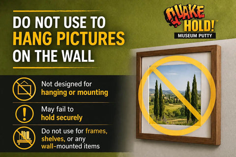 Warning sign about improper use of Neutral Museum Putty 2.64 Oz No Mess No Fuss To Keep Antiques And Collectibles From Falling.