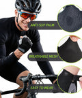 Cyclist wearing gloves from 6 Piece Bike Accessories Kit For Men And Women Including Cycling Bag Bicycle Bag Gloves Waterproof Tail Light Ride Ready Mountain Road Gear And A Touch Screen Phone Holder With Responsive Window, focus on anti-slip palm, breathable mesh, and easy to wear features.