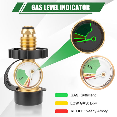 100 Lb Propane Tank Adapter With Gauge Converts POL To QCC1 Type 1, with gas level indicator illustrating gas levels.