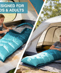 All Weather Sleeping Bag For Adults And Kids, Ultra Lightweight Waterproof Gear For Camping And Hiking, shows child and man in tent
