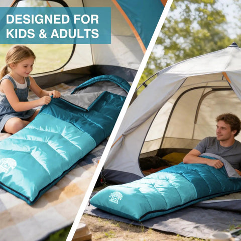All Weather Sleeping Bag For Adults And Kids, Ultra Lightweight Waterproof Gear For Camping And Hiking, shows child and man in tent