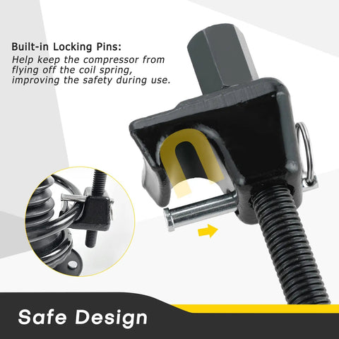 Close-up of MacPherson Strut Spring Compressor Tool Kit Universal Coil Spring Compressor Tool with locking pins and square drive.