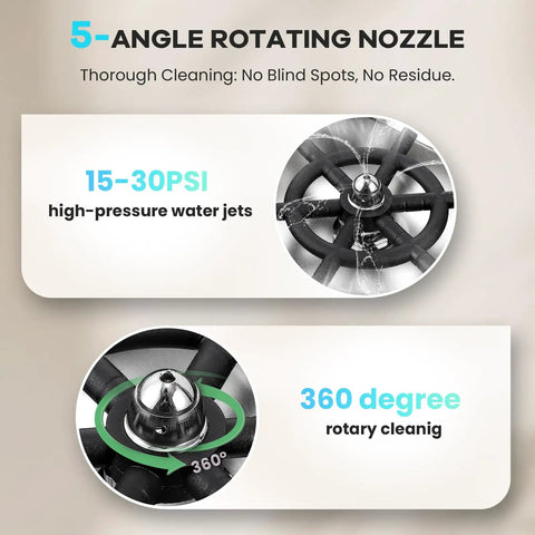 Five-angle rotating nozzle detail of Smooth Operator Pitcher Rinser With 360 Degree Rotating Nozzle For Spotless Mugs And Glasses.