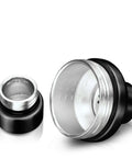Paragon Vacuum Insulated Cocktail Shaker lid with Built In Strainer, stainless steel, close-up view of measurement markings and seal