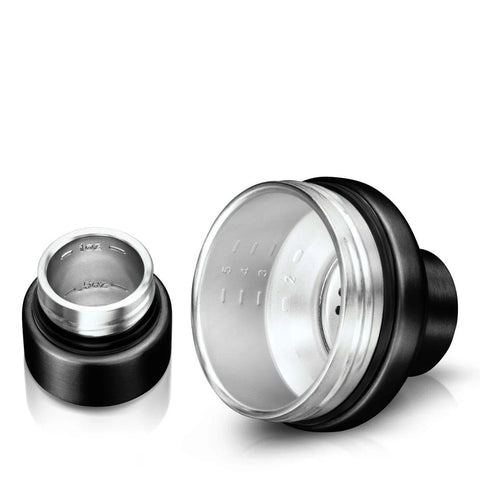 Paragon Vacuum Insulated Cocktail Shaker lid with Built In Strainer, stainless steel, close-up view of measurement markings and seal