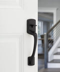 Prague Front Door Handle Set With Interior Knob Nonlocking Exterior Handleset Sleek Matte Black Microban Protection Easy DIY Installation Deadbolt Not Included Perfect For Modern Front Doors shown on white door