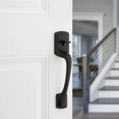 Prague Front Door Handle Set With Interior Knob Nonlocking Exterior Handleset Sleek Matte Black Microban Protection Easy DIY Installation Deadbolt Not Included Perfect For Modern Front Doors shown on white door