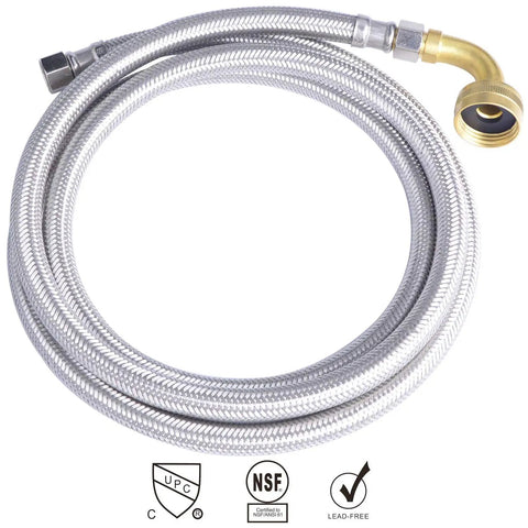 Braided Stainless Steel Dishwasher Connector With 90 Degree Elbow 72 Inch Length 3/8 Inch Compression To 3/8 Inch Compression Lead Free Brass Fittings