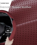 Slick And Hella Comfortable Premium Perforated Leather Steering Wheel Cover, Universal 14.5 To 15 Inch Auto Grip Accessory, Breathable Wine Red Wrap showing Nappa leather detail