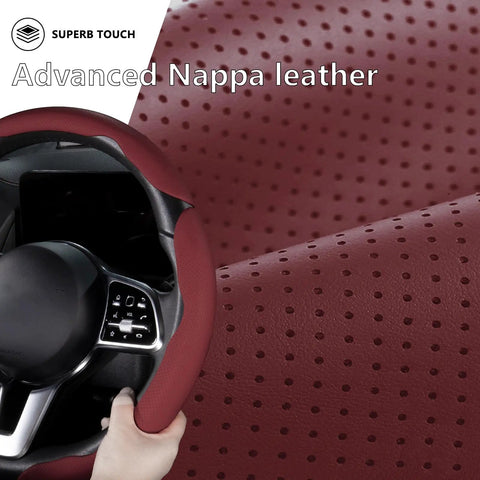 Slick And Hella Comfortable Premium Perforated Leather Steering Wheel Cover, Universal 14.5 To 15 Inch Auto Grip Accessory, Breathable Wine Red Wrap showing Nappa leather detail