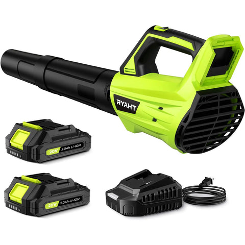 Cordless Leaf Blower With Battery And Charger, 20V Power, Dual Speed Modes, Lightweight Electric Blower, Green, two batteries, charger