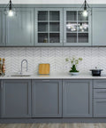 Modern kitchen with gray cabinets featuring 30 Pack Brushed Nickel Cabinet Pulls, 6.3 Inch Length, 4 Inch Hole Center, Stainless Steel Handles
