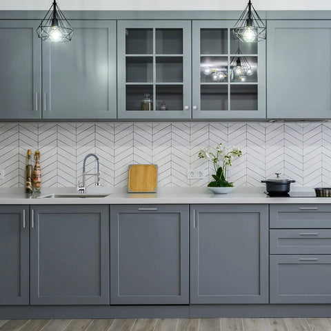 Modern kitchen with gray cabinets featuring 30 Pack Brushed Nickel Cabinet Pulls, 6.3 Inch Length, 4 Inch Hole Center, Stainless Steel Handles