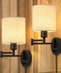 Plug In Wall Light Set Of 2 With Swing Arm Design, Linen Lampshades, Modern Bedroom Wall Sconces for reading, hallway and living room