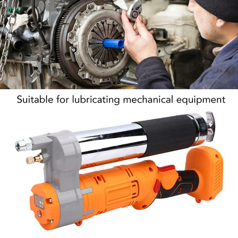 Cordless Electric Grease Gun With 2 In 1 Rotating Handle For Maximum Comfort And High Pressure Lubrication, shown for machinery use