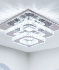 Mini Crystal Chandelier LED Ceiling Light Two Layer Flush Mount Fixture For Hallway Staircase Kitchen And Bathroom Cool White 4500K 30W 110V Non Dimmable With Powder Coated Finish, showing square layers of crystal.
