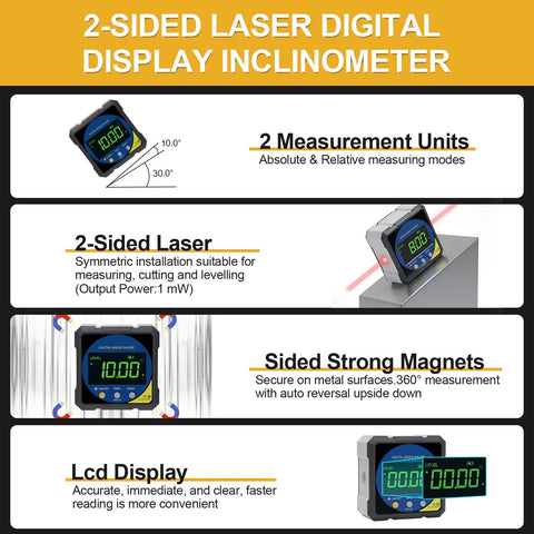 2-Sided Laser Digital Display Inclinometer with LCD for precise measurements and leveling, suitable for carpentry and DIY.
