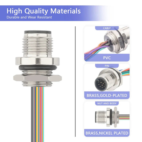 M12 12-Pin Panel Mount Connector 0.7ft Rugged IP67 Waterproof Industrial Circular Connector details, showing materials and close-up views
