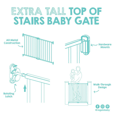 Diagram of an Extra Tall Baby Gate for Stairs and Doorways Walk Through with Door Hardware Mounted Gate for Babies, Toddlers, and Pets, showing features like all-metal construction and rotating latch.