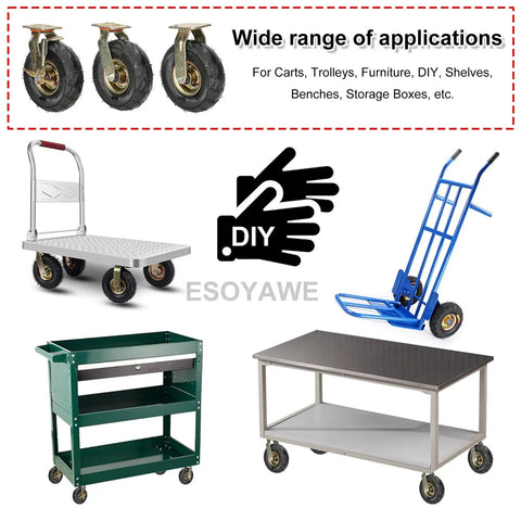 Heavy Duty 8 Inch And 10 Inch Pneumatic Rubber Caster Wheel Set Of 4 Slick Rollin Swivel Casters With Integrated Brakes for carts and furniture.