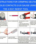 Instructions for using 4-way indent tool to crimp solid contacts in 482-Piece Automotive Connector Kit with various pin modules.