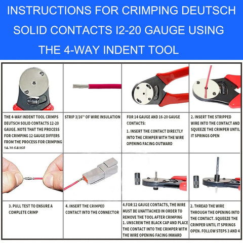 Instructions for using 4-way indent tool to crimp solid contacts in 482-Piece Automotive Connector Kit with various pin modules.