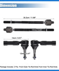 4 Piece Front Inner Outer Tie Rod Ends Kit For Buick Verano, Chevrolet Cruze, Chevrolet Volt, Front Suspension Steering Tie Rod Link Set, Left And Right Ends, OE EV800884 ES800949, dimension chart with 30.2cm and 14cm measurements