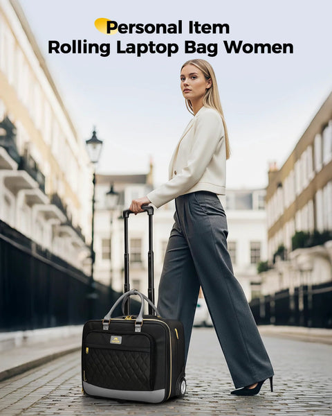 MATEIN rolling laptop bag with quilted black front, large wheels, extendable handle for travel