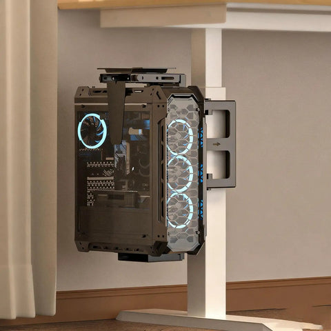 Top Tier Under Desk PC Mount, Adjustable Computer Tower Stand for Full Size Gaming Rigs, Rock Solid Steel CPU Bracket, mounted under desk.