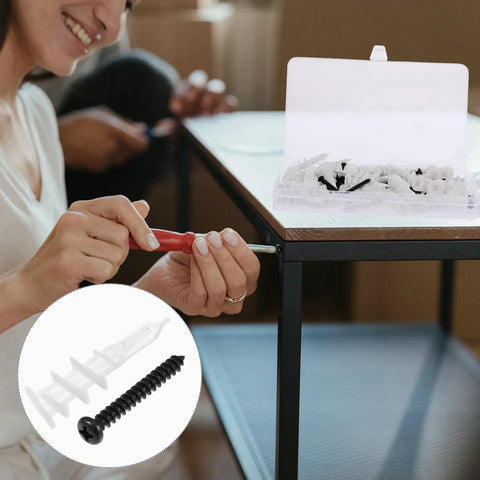 Self Tapping Screws and Wall Anchors Kit Heavy Duty Load Bearing Easy Install Zinc Plated and Plastic Mix Random Colors 100 Piece Set for Lightweight Concrete and Hollow Bricks Includes 50 Screws and 50 Anchors, screw and anchor set in case