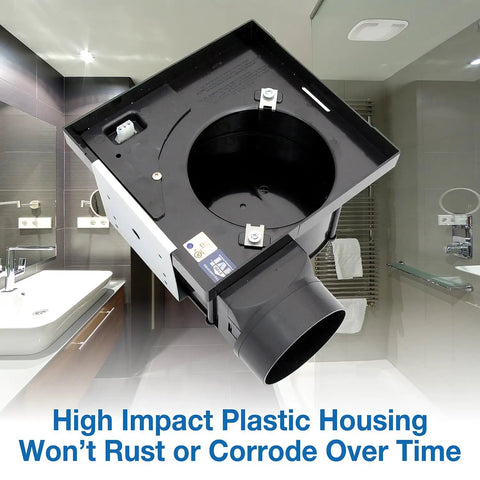 Ceiling Mounted Bathroom Exhaust Fan 100 CFM With Snap In Install showing high impact plastic housing in a modern bathroom