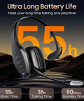 Trucker Bluetooth Headset With Dual Noise Canceling Microphone And Mute Button Features 55 Hour Battery Life For Truck Drivers And Cell Phones Crystal Clear Calls AI Noise Reduction For Busy Cab Environments displayed with battery life features.