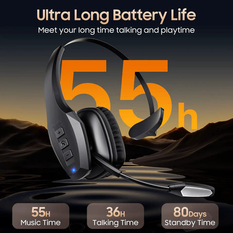 Trucker Bluetooth Headset With Dual Noise Canceling Microphone And Mute Button Features 55 Hour Battery Life For Truck Drivers And Cell Phones Crystal Clear Calls AI Noise Reduction For Busy Cab Environments displayed with battery life features.