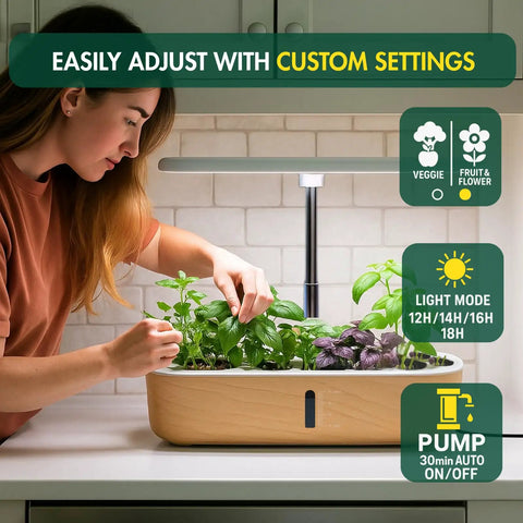 Indoor Hydroponic Herb Garden System With 14 Pods LCD Display LED Grow Light Quiet Water Pump Auto Timer in kitchen setup