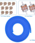 10 Foot 3 16 Inch ID Fuel Line Kit With 2 Fuel Filters And 8mm Hose Clamp For Small Engines set showing blue hose, filters, clamps